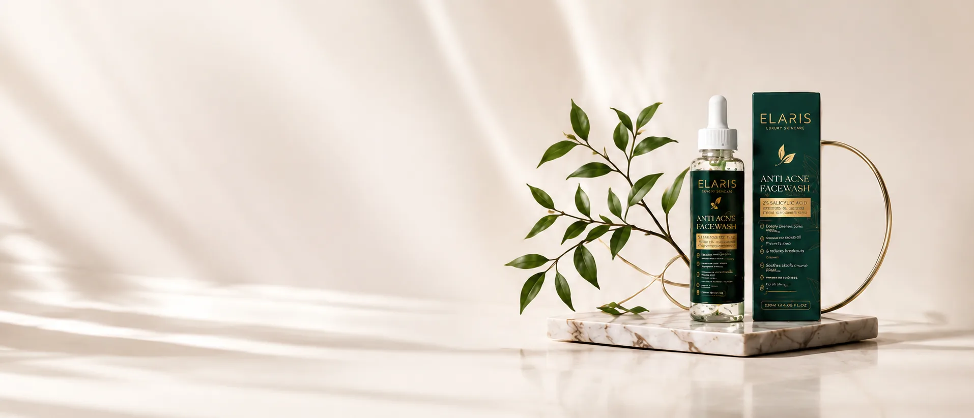 Elaris Anti Acne Facewash with botanical leaves